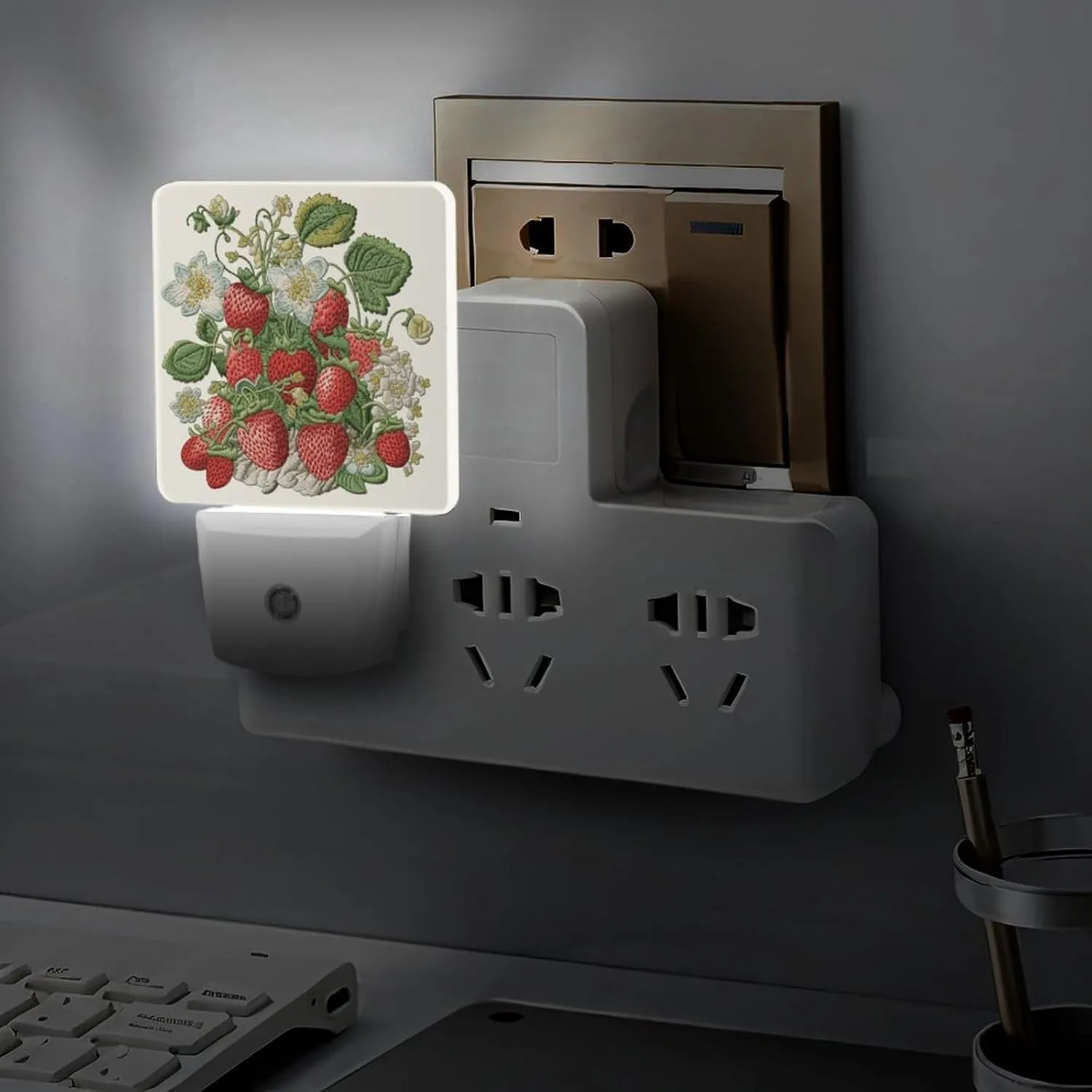 LED Energy Saving Plug in Night LightsStrawberry Embroidery Printed with Auto Dusk to Dawn Sensor for Bathroom, Hallway, Bedroom, Living Room