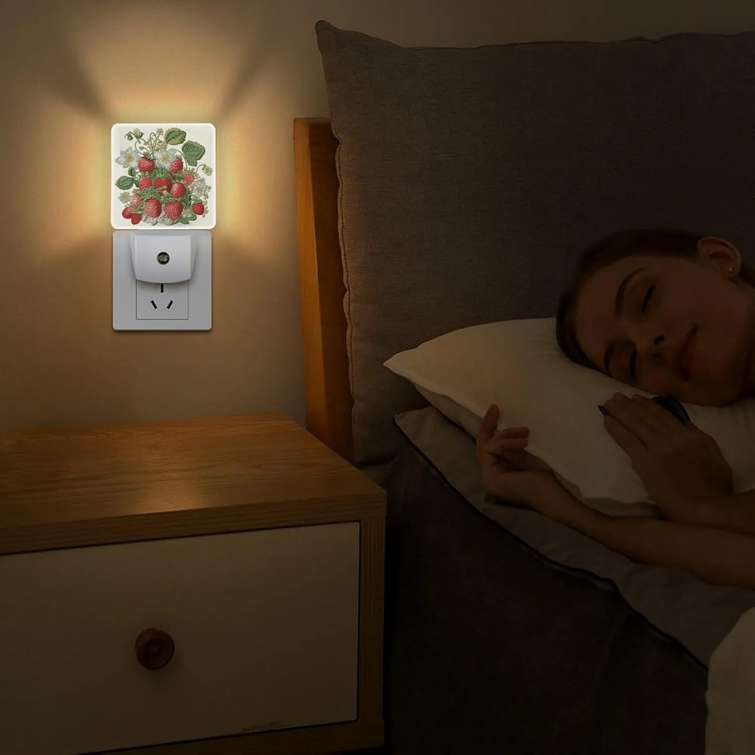 LED Energy Saving Plug in Night LightsStrawberry Embroidery Printed with Auto Dusk to Dawn Sensor for Bathroom, Hallway, Bedroom, Living Room