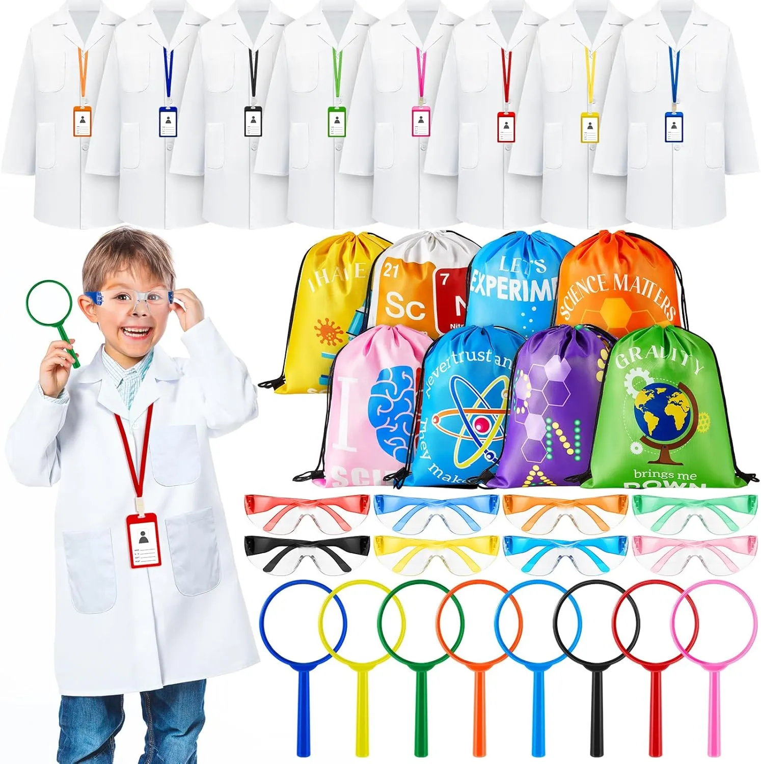 Lenwen 8 Sets Lab Coats for Kids Science Costume Experiment Kit with Unisex Kids Lab Coat Bulk Scientist Dress and Role Play Colorful Toys Gift for Boys Girls Cosplay School Birthday Party