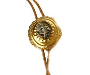 Leopard Skin Jasper Sits in the Center of This Gold Plated Concho Style Bolo Slide Metallic Indian Sun Leather Cord with Gold Tone Ribbed Tips