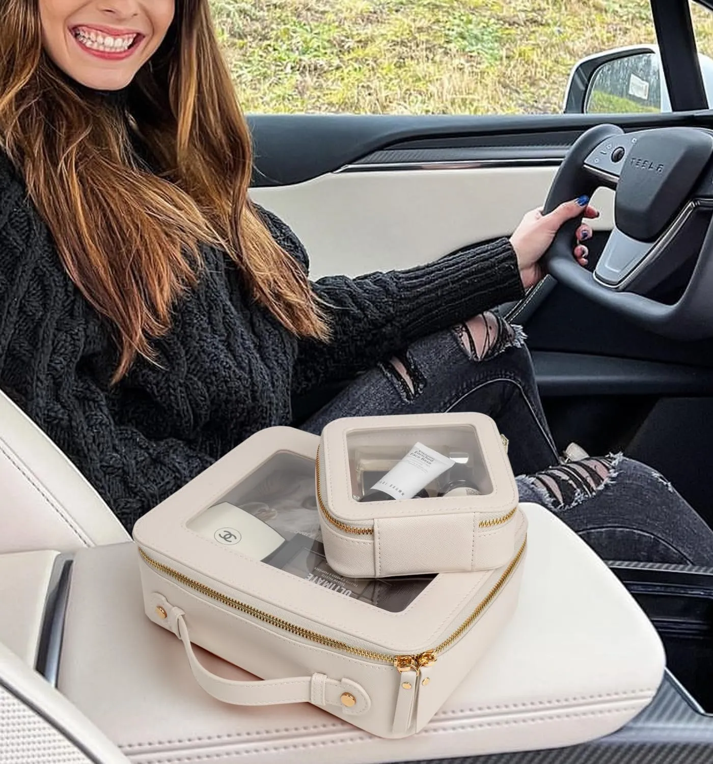 LETGO Clear Makeup Bags Set,TSA Approved Toiletry Bag with Zipper,Small Clear Comestic Bag Purse Travel Car Accessories for Women(Mini Large Beige)