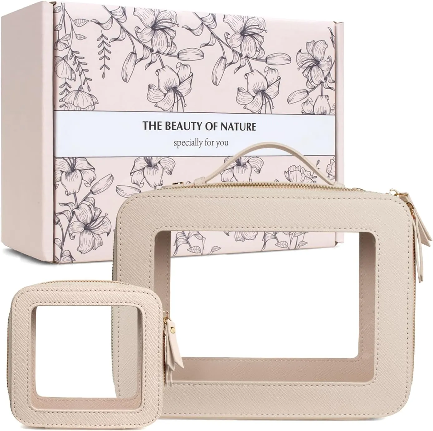 LETGO Clear Makeup Bags Set,TSA Approved Toiletry Bag with Zipper,Small Clear Comestic Bag Purse Travel Car Accessories for Women(Mini Large Beige)