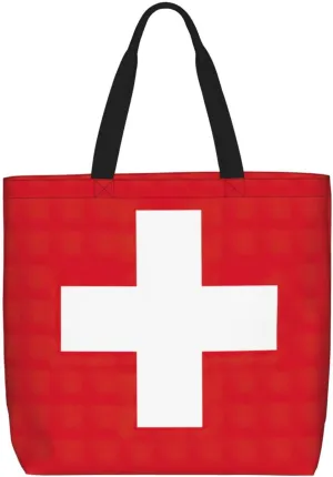 LimPac Swiss Flag Print Tote Bags Zipper Casual Handbag Big Capacity Shoulder Bag Lightweight For Women