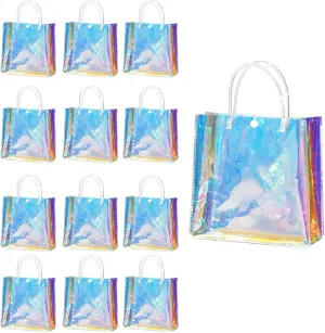 Liobelon 10 Pieces Holographic Small Gift Bag with Handles, Reusable Iridescent Clear Gift Bags Transparent PVC Goodie Bags for Christmas Wedding Birthday Party Favors (7.87" x 7.87" x 3.15")