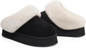 Litfun Fuzzy Platform Slippers Comfy Winter House Shoes with Memory Foam Indoor Outdoor, Black 40-41 (size 7.5-8)