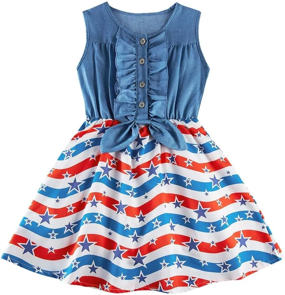 Little Girls Sleeveless Denim Dresses Casual Bowknot One-Piece Princess Sundress Tutu Skirt 2-8 Years