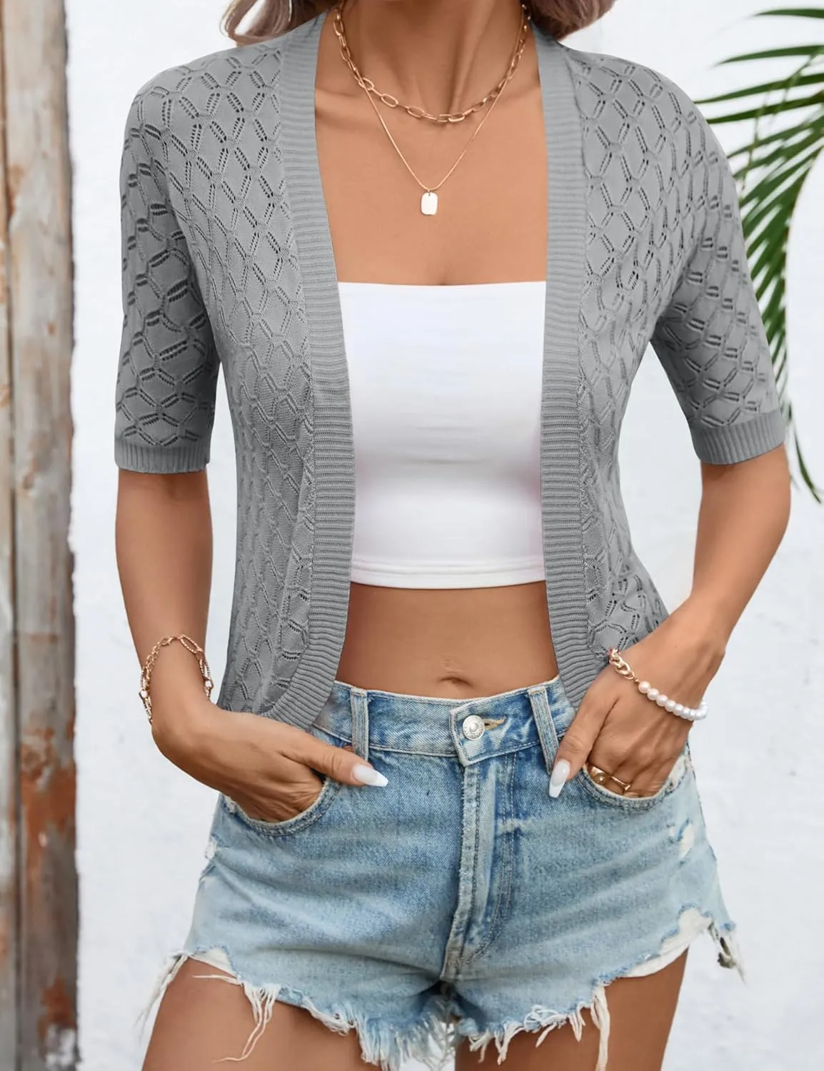 LOMON Womens Cropped Cardigan Short Sleeve Bolero Shrug Sweater Open Front Lightweight