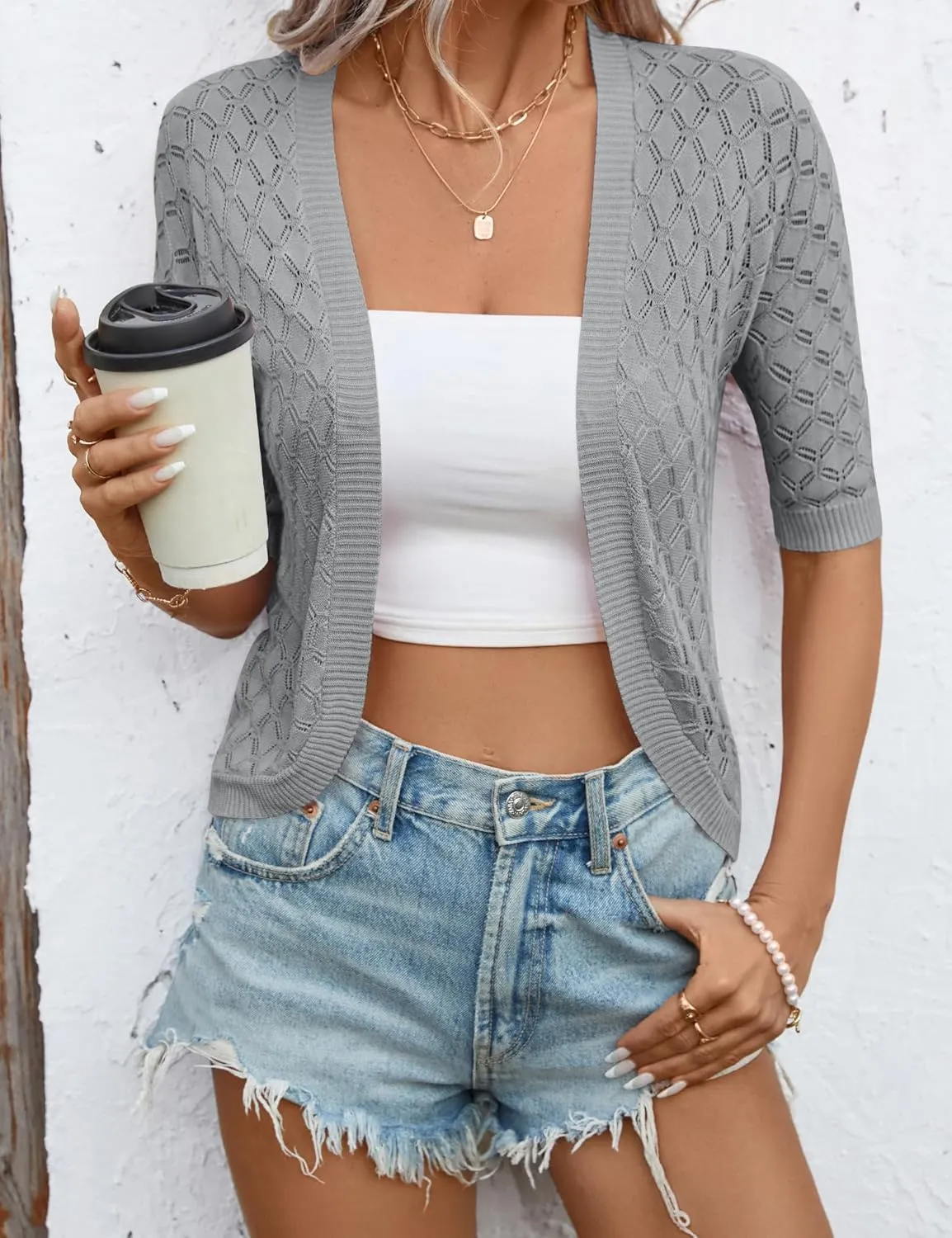 LOMON Womens Cropped Cardigan Short Sleeve Bolero Shrug Sweater Open Front Lightweight