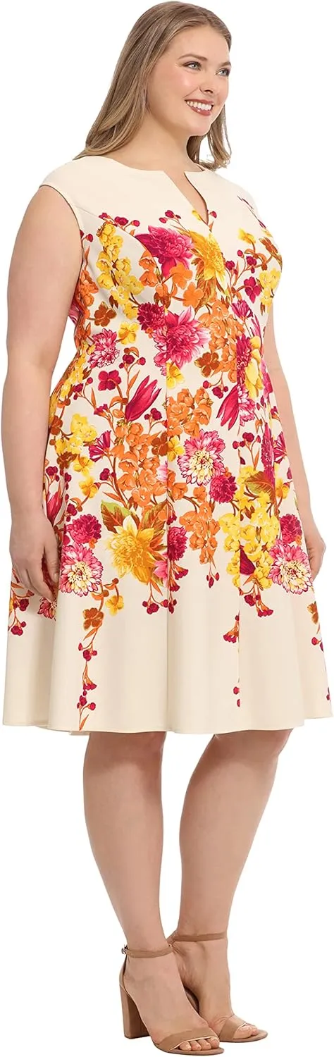 London Times Women's Feminine Floral Split Neck Flattering Fit and Flare Career Guest of Chic Polished