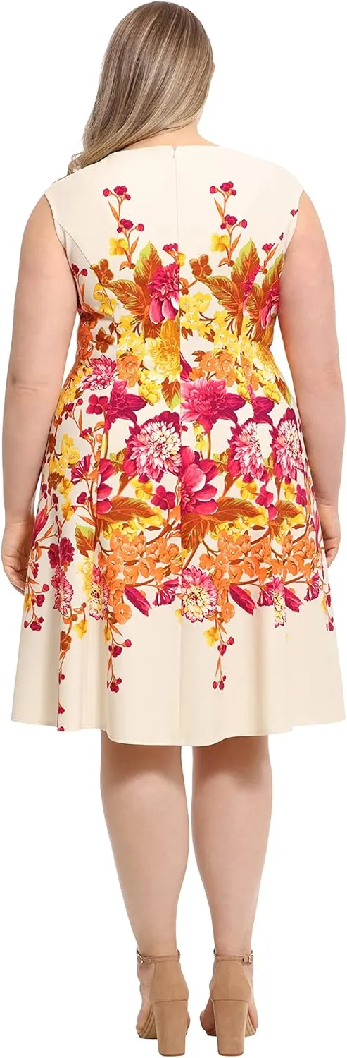 London Times Women's Feminine Floral Split Neck Flattering Fit and Flare Career Guest of Chic Polished