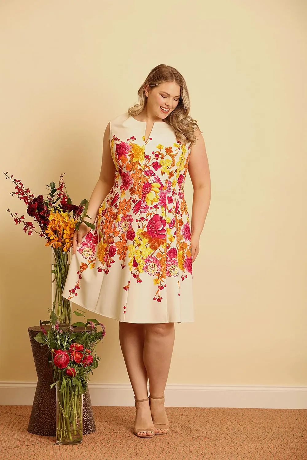 London Times Women's Feminine Floral Split Neck Flattering Fit and Flare Career Guest of Chic Polished