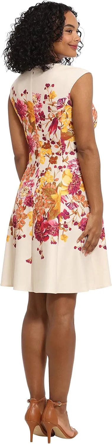 London Times Women's Feminine Floral Split Neck Flattering Fit and Flare Career Guest of Chic Polished