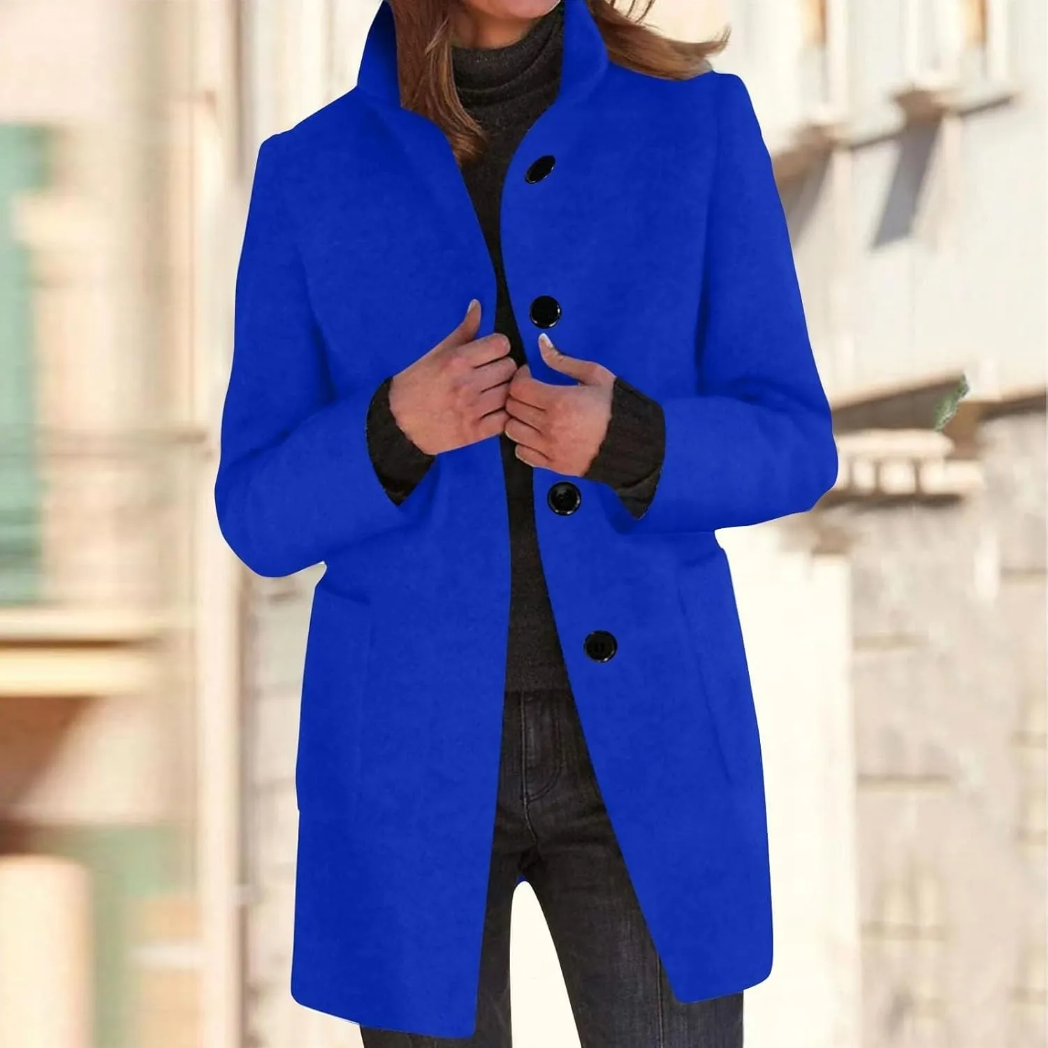 Long Pea Coats for Women Oversized Stand Collar Single Breasted Thicken Blazer Wool Blend Peacoat Jacket with Pockets