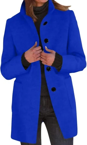 Long Pea Coats for Women Oversized Stand Collar Single Breasted Thicken Blazer Wool Blend Peacoat Jacket with Pockets