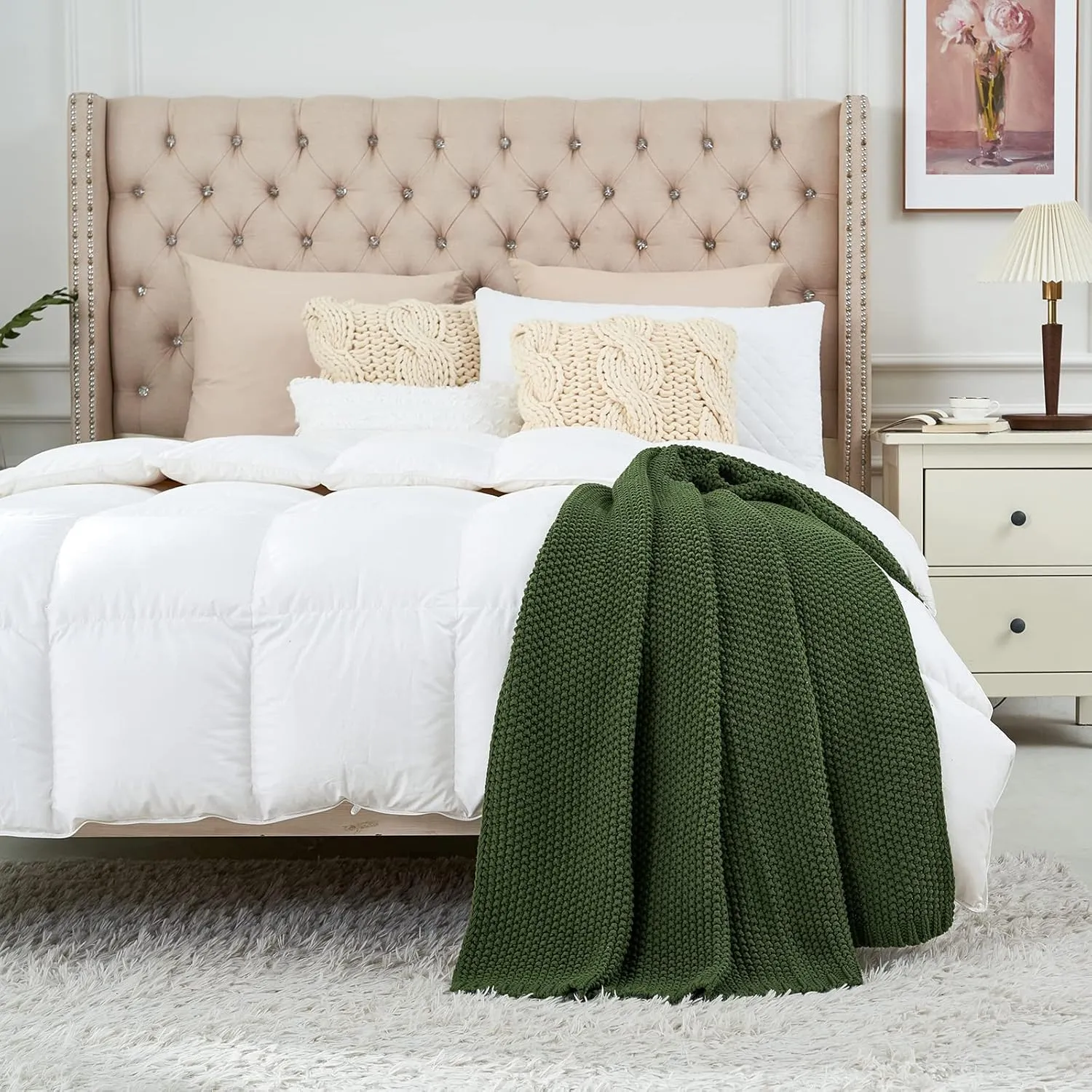Longhui bedding Chunky Cable Knit Throw Blanket Lightweight Olive Green 100% Organic Cotton Blanket for Sofa Couch Bed Baby Nursery, Rustic Shabby Chic Modern Farmhouse, 51” x 63” Give Laundering Bag