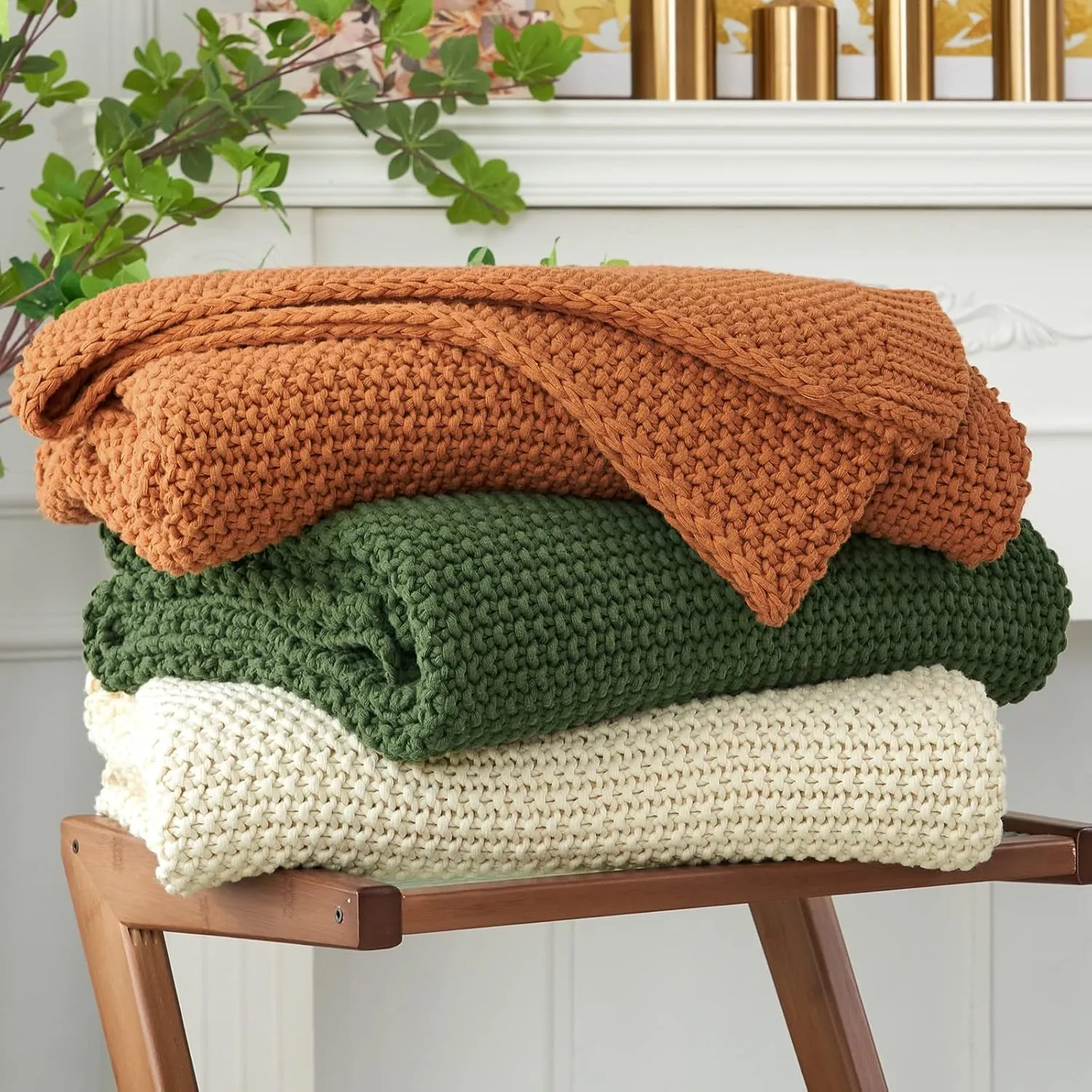 Longhui bedding Chunky Cable Knit Throw Blanket Lightweight Olive Green 100% Organic Cotton Blanket for Sofa Couch Bed Baby Nursery, Rustic Shabby Chic Modern Farmhouse, 51” x 63” Give Laundering Bag
