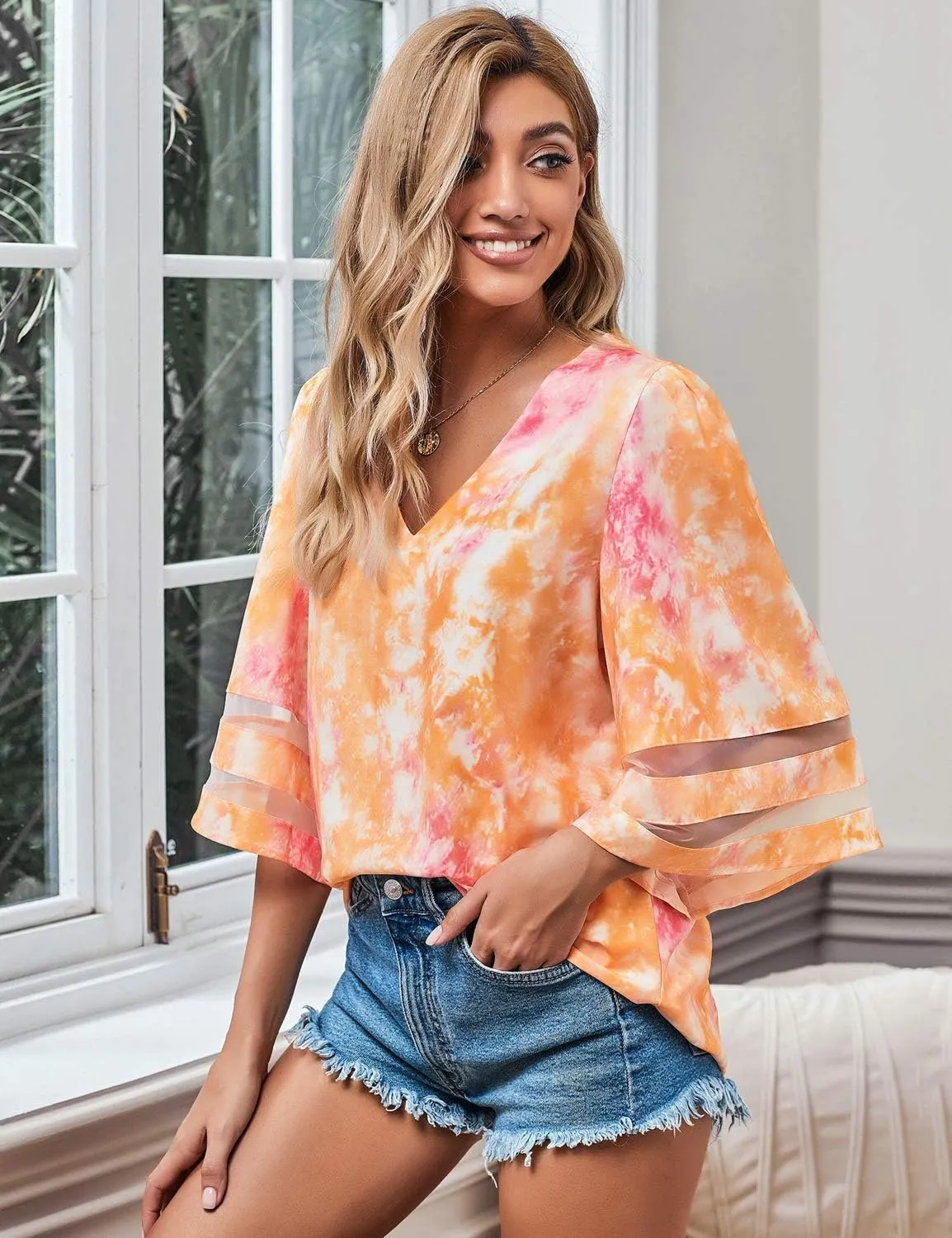 LookbookStore Women's V Neck Mesh Panel Blouse 3/4 Bell Sleeve Loose Top Shirt