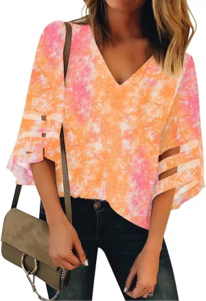 LookbookStore Women's V Neck Mesh Panel Blouse 3/4 Bell Sleeve Loose Top Shirt