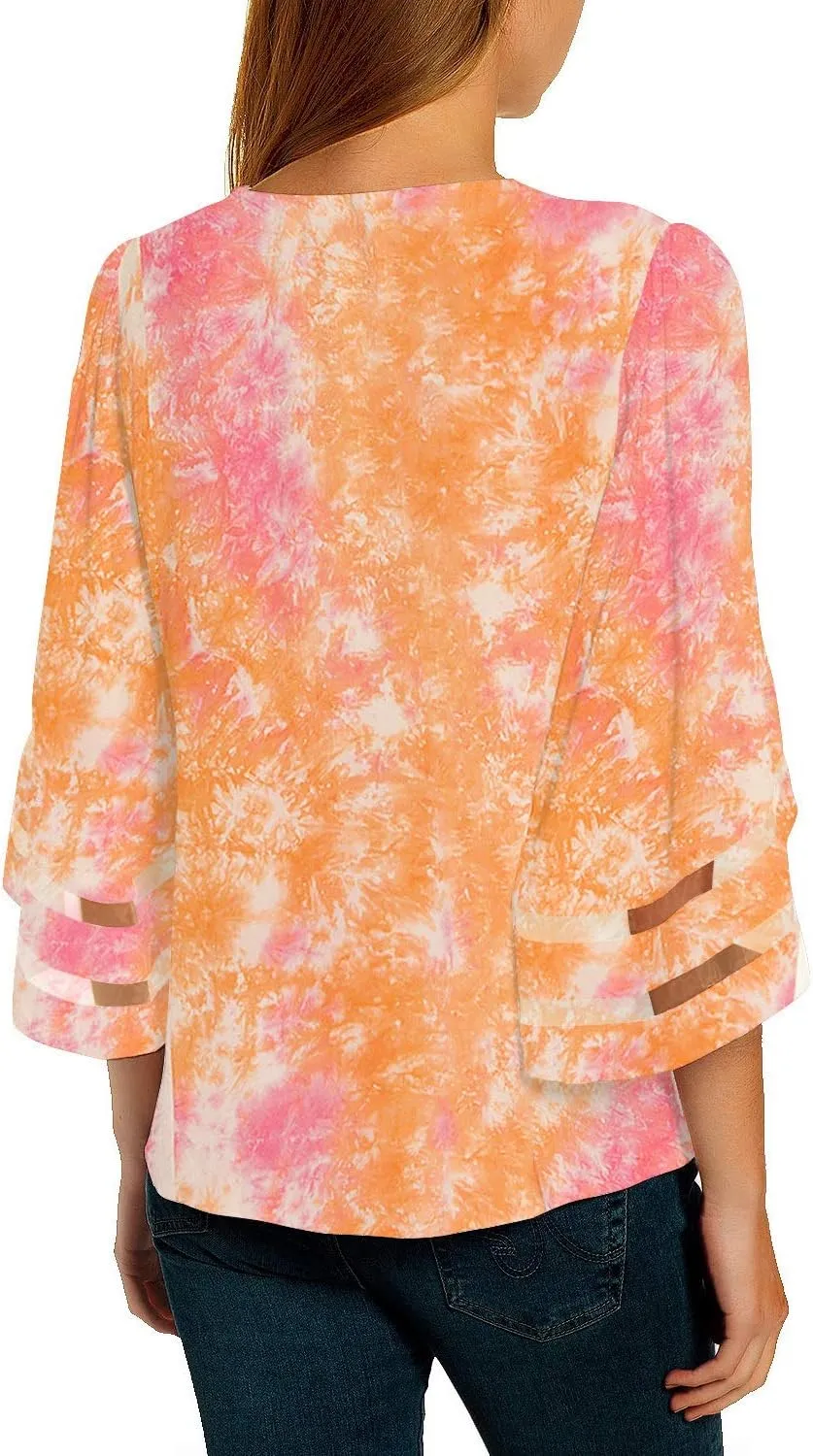 LookbookStore Women's V Neck Mesh Panel Blouse 3/4 Bell Sleeve Loose Top Shirt