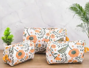 LOOKNSOURCE Cotton Toiletry Bag Floral Print White Color Toiletry Bag Peck of 3 for Women & Girls