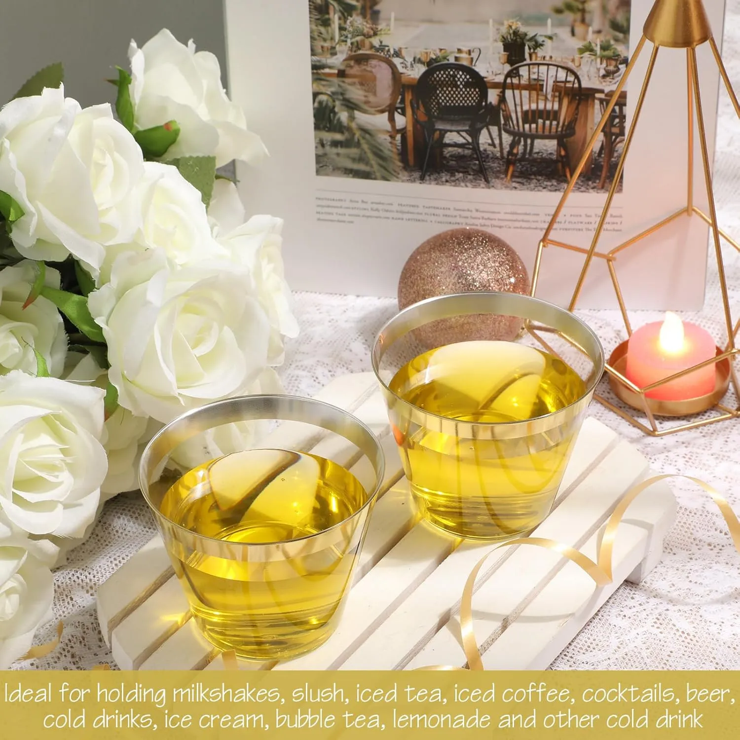 Lounsweer 100 Pcs 9oz Rimmed Plastic Cups Wedding Clear Cocktail Cups Heavy Duty Disposable Wine Glasses for Birthday Bridal Shower Baby Shower Holiday Celebrations(Gold)