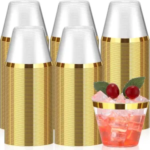 Lounsweer 100 Pcs 9oz Rimmed Plastic Cups Wedding Clear Cocktail Cups Heavy Duty Disposable Wine Glasses for Birthday Bridal Shower Baby Shower Holiday Celebrations(Gold)