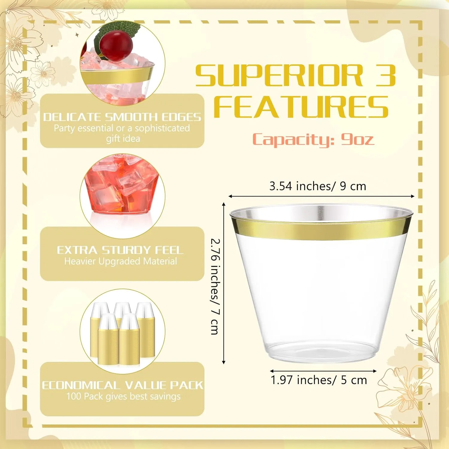 Lounsweer 100 Pcs 9oz Rimmed Plastic Cups Wedding Clear Cocktail Cups Heavy Duty Disposable Wine Glasses for Birthday Bridal Shower Baby Shower Holiday Celebrations(Gold)