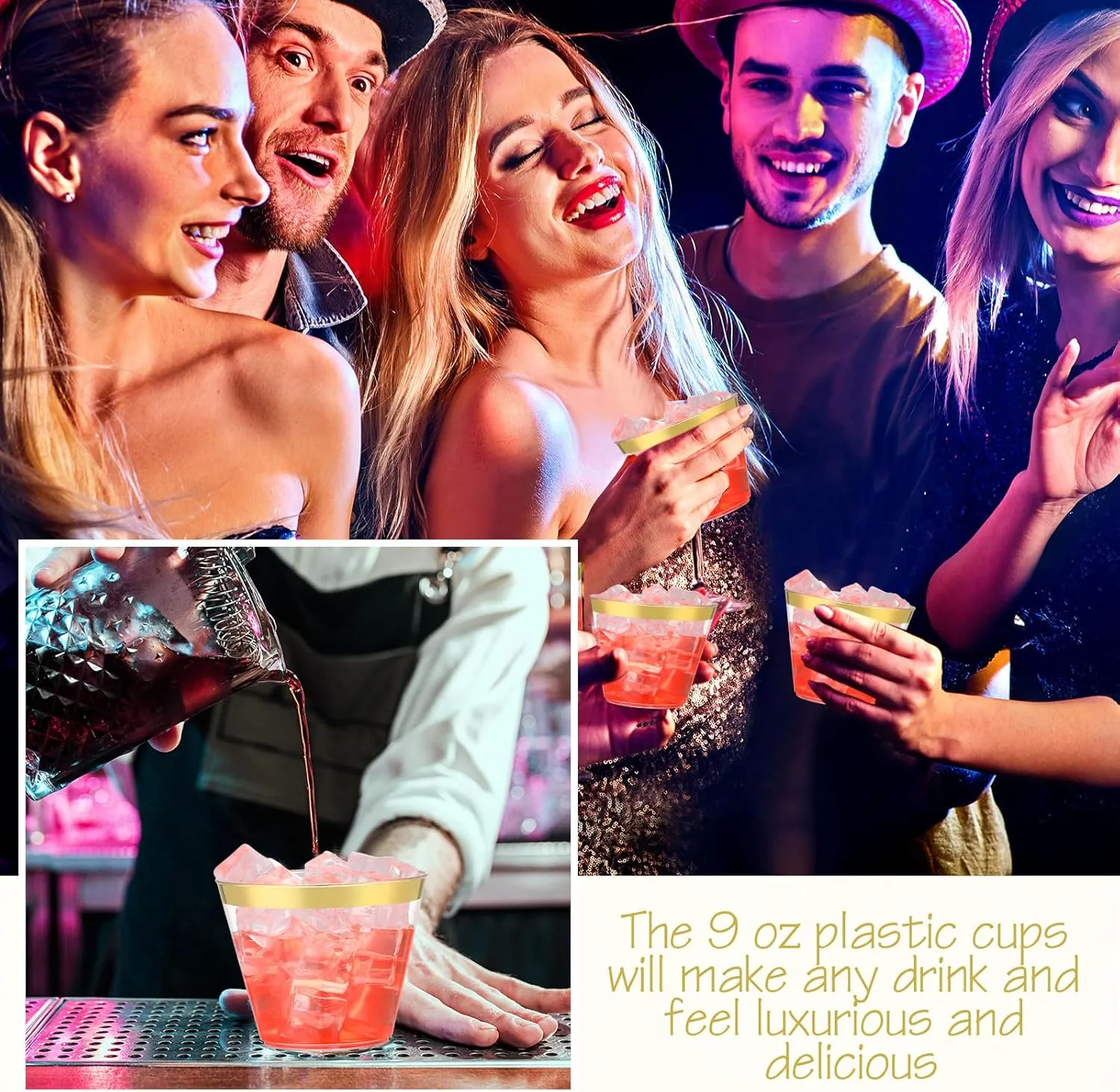 Lounsweer 100 Pcs 9oz Rimmed Plastic Cups Wedding Clear Cocktail Cups Heavy Duty Disposable Wine Glasses for Birthday Bridal Shower Baby Shower Holiday Celebrations(Gold)
