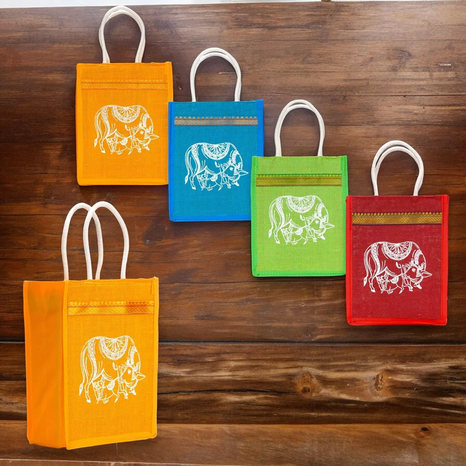 LOVENSPIRE Cow Print Jute Bag Burlap Gift Bags Eco-friendly Reusable Tote Bag Indian Wedding Favor Puja Return Gifts