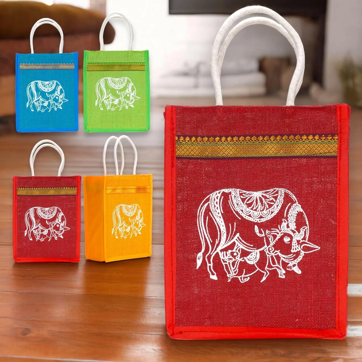 LOVENSPIRE Cow Print Jute Bag Burlap Gift Bags Eco-friendly Reusable Tote Bag Indian Wedding Favor Puja Return Gifts