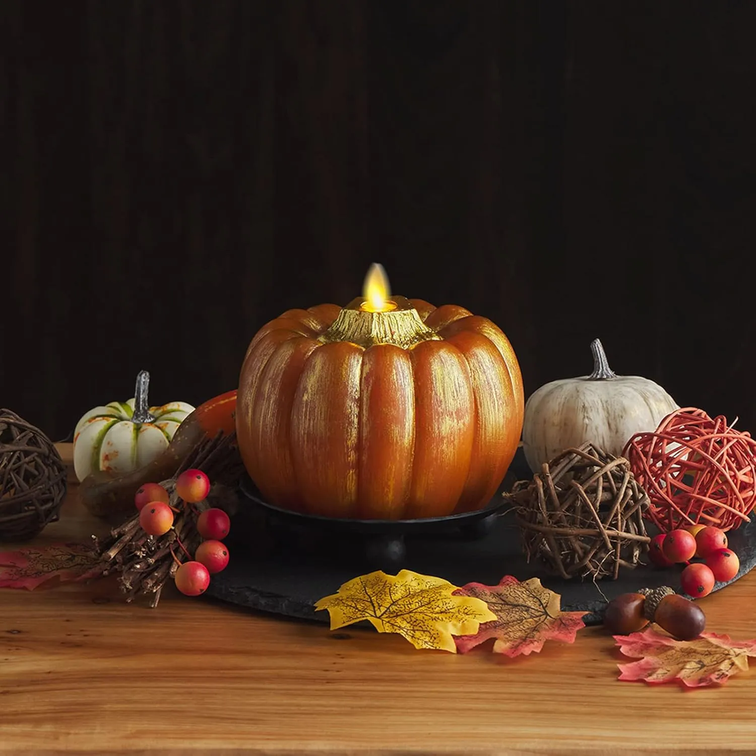 Luminara - Flameless Halloween LED Candle Battery Operated Moving Flame - Metallic Gold Orange Pumpkin - Pack of 1-5x4.5 - Unscented Indoor Use