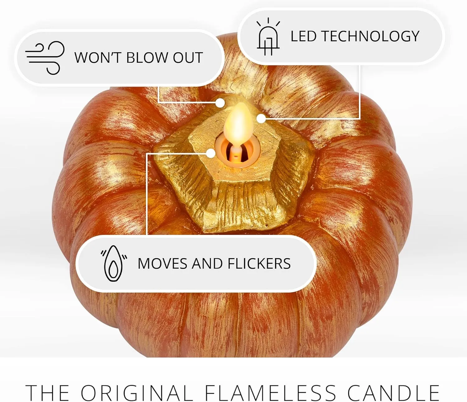 Luminara - Flameless Halloween LED Candle Battery Operated Moving Flame - Metallic Gold Orange Pumpkin - Pack of 1-5x4.5 - Unscented Indoor Use