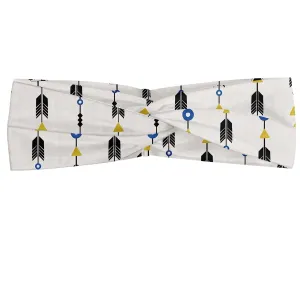 Lunarable Arrow Headband Set of 2, Feathers with Circles and Triangles Geometric Fashion, Elastic and Soft Women's Bandana for Sports and Everyday Use, XS-S, Blue Black Mustard
