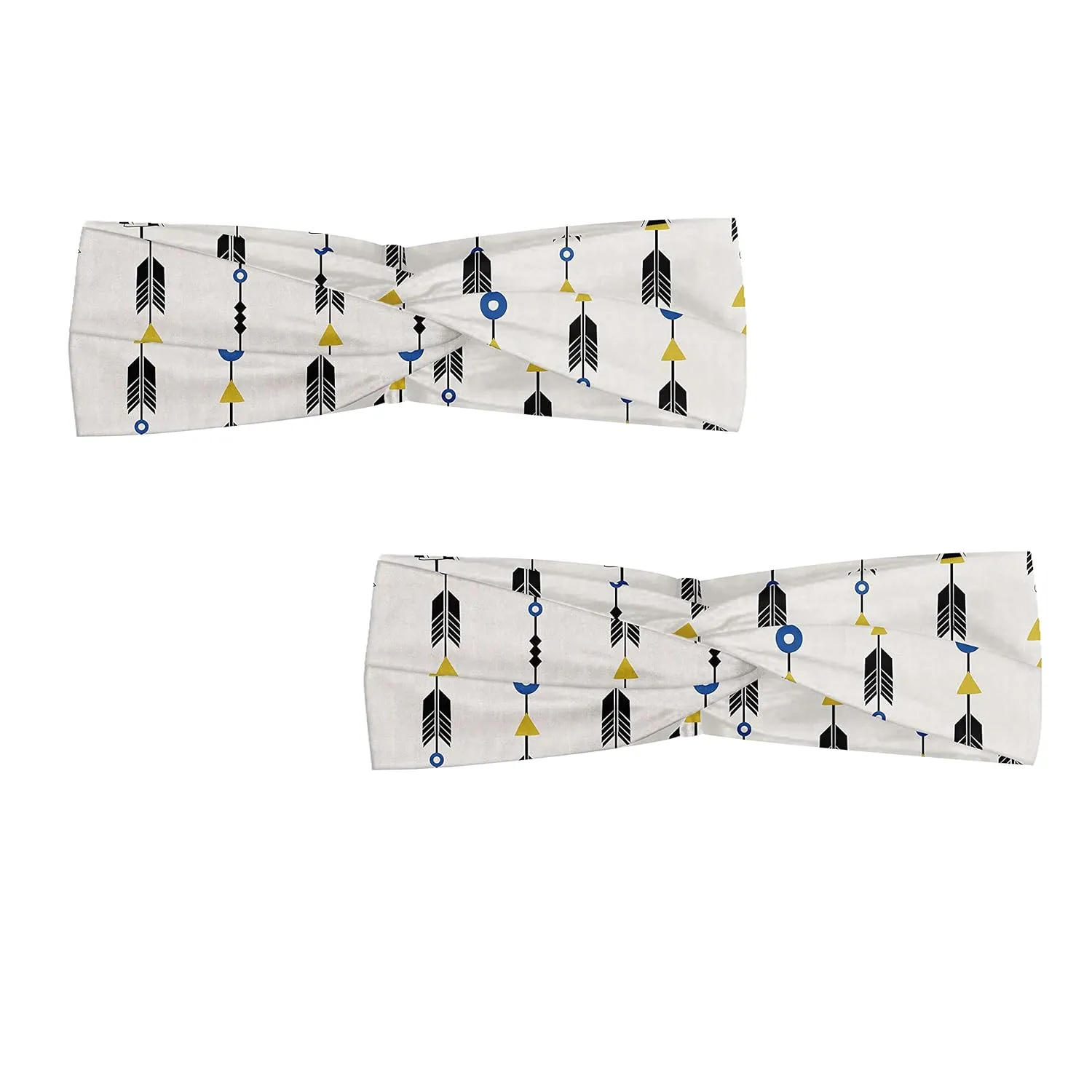 Lunarable Arrow Headband Set of 2, Feathers with Circles and Triangles Geometric Fashion, Elastic and Soft Women's Bandana for Sports and Everyday Use, XS-S, Blue Black Mustard