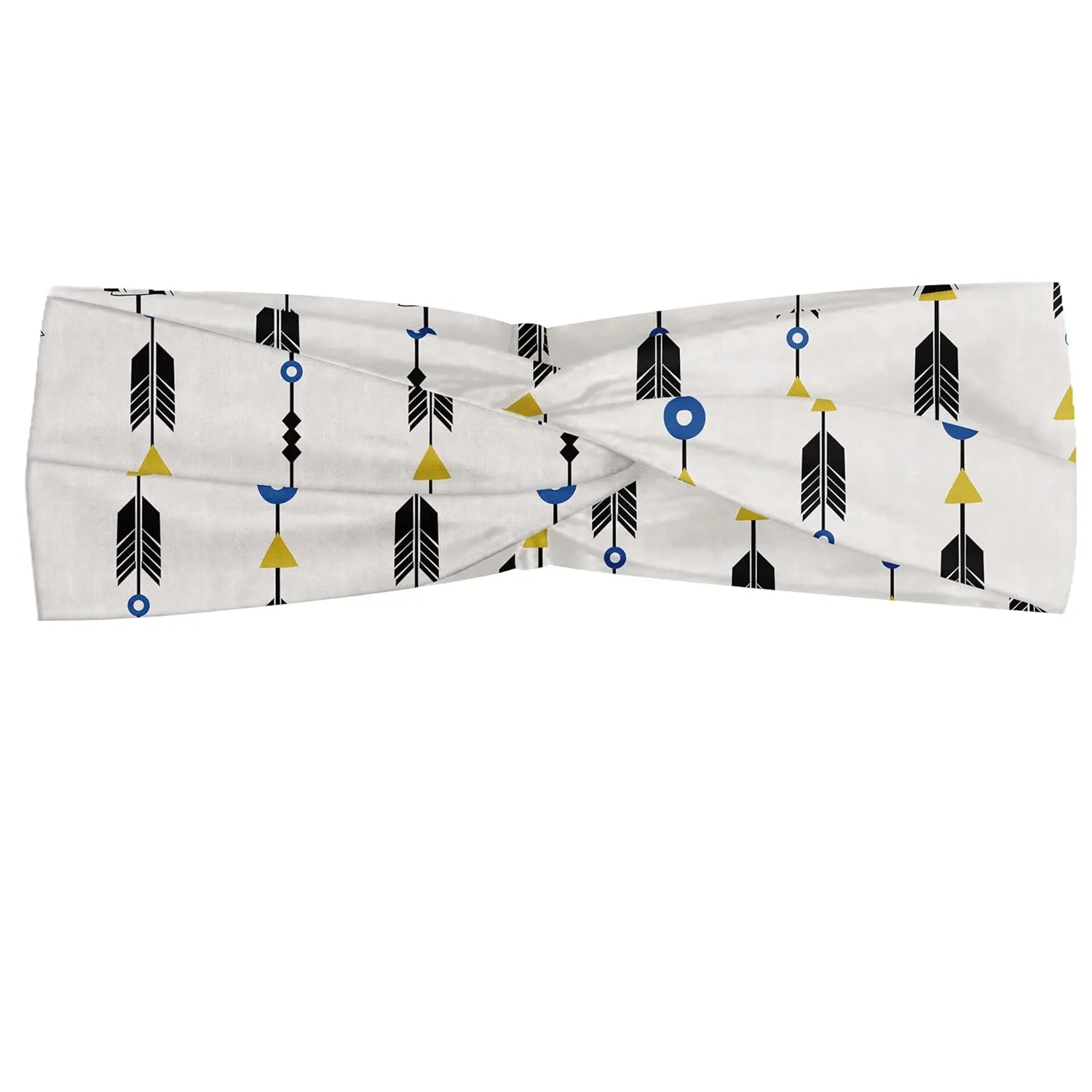 Lunarable Arrow Headband Set of 2, Feathers with Circles and Triangles Geometric Fashion, Elastic and Soft Women's Bandana for Sports and Everyday Use, XS-S, Blue Black Mustard