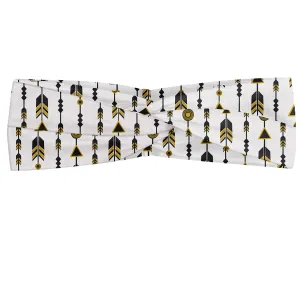 Lunarable Arrow Headband Set of 2, Geometric Design with Influences Triangles Feathers Quill Motif, Elastic and Soft Women's Bandana for Sports and Everyday Use, XS-S, Black Earth Yellow White