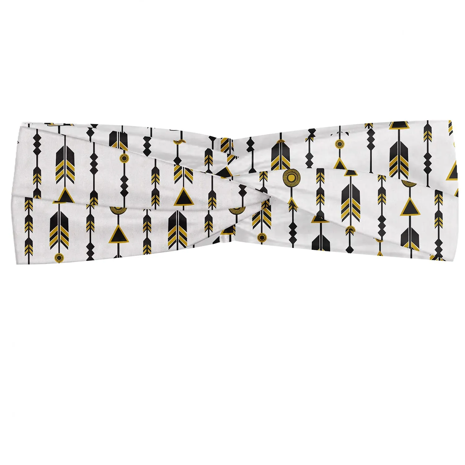 Lunarable Arrow Headband Set of 2, Geometric Design with Influences Triangles Feathers Quill Motif, Elastic and Soft Women's Bandana for Sports and Everyday Use, XS-S, Black Earth Yellow White