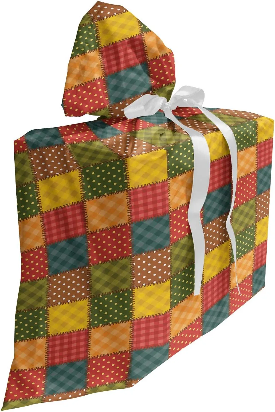 Lunarable Colorful Gift Bag, Different Geometric Patterns Combined Together with Stitch-Like Ornamentation, Fabric Party Favor Pouch with 3 Ribbons, 27, Multicolor