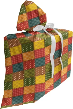 Lunarable Colorful Gift Bag, Different Geometric Patterns Combined Together with Stitch-Like Ornamentation, Fabric Party Favor Pouch with 3 Ribbons, 27, Multicolor
