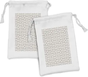 Lunarable Geometric Fabric Pouch Set of 2, Black and White Mosaic Pavement Tile Bricks Modern Conceptual Tracery Design, Small Drawstring Bag for Toiletries Masks and Favors, 9" x 6", Beige Black