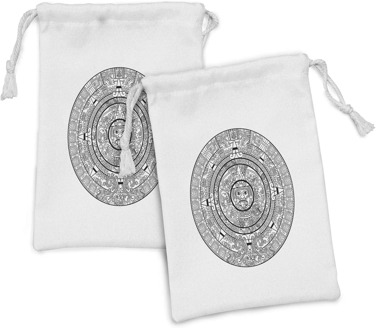 Lunarable Mesoamerican Fabric Pouch Set of 2, Maya Calendar Accurate Antiquities Astrological Aztec Geometric Indigenous, Small Drawstring Bag for Toiletries Masks and Favors, 9" x 6", Black White