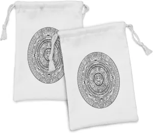 Lunarable Mesoamerican Fabric Pouch Set of 2, Maya Calendar Accurate Antiquities Astrological Aztec Geometric Indigenous, Small Drawstring Bag for Toiletries Masks and Favors, 9" x 6", Black White