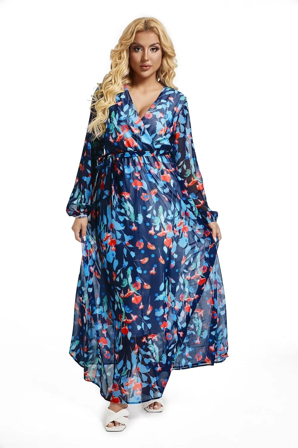 lvenzse Womens Maxi Dress Boho Chiffon Floral Printed Long Party Dresses Plus Size with Belt (FBA)