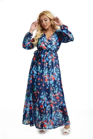 lvenzse Womens Maxi Dress Boho Chiffon Floral Printed Long Party Dresses Plus Size with Belt (FBA)