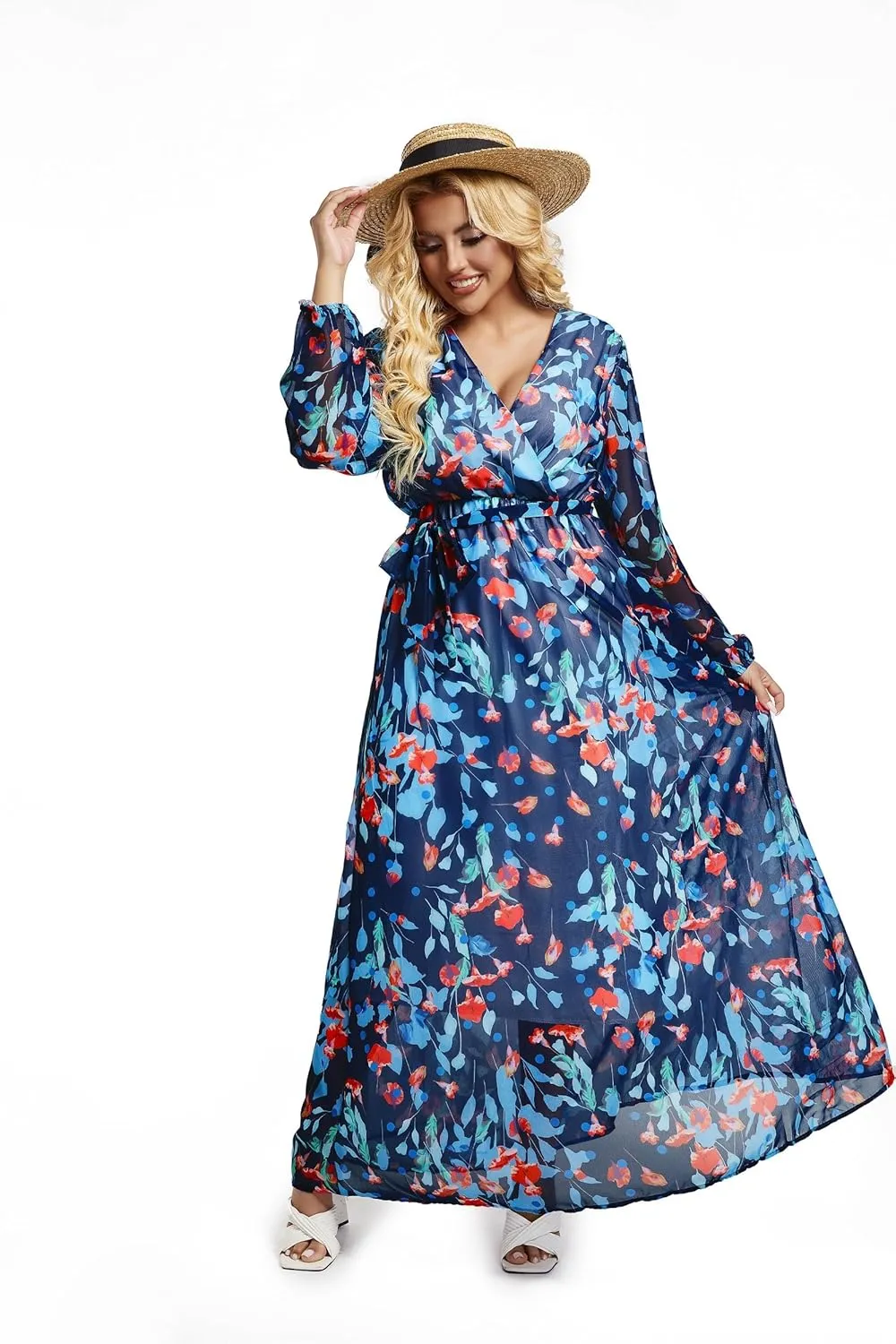 lvenzse Womens Maxi Dress Boho Chiffon Floral Printed Long Party Dresses Plus Size with Belt (FBA)