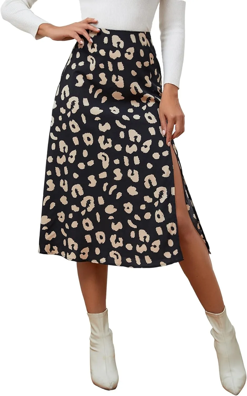 LYANER Women's Casual Boho Printed High Waist Side Split Hem Zipper Midi Skirt
