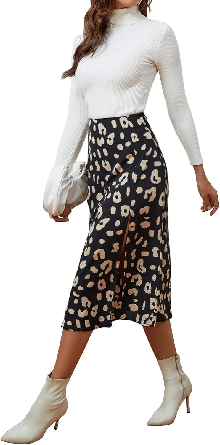 LYANER Women's Casual Boho Printed High Waist Side Split Hem Zipper Midi Skirt