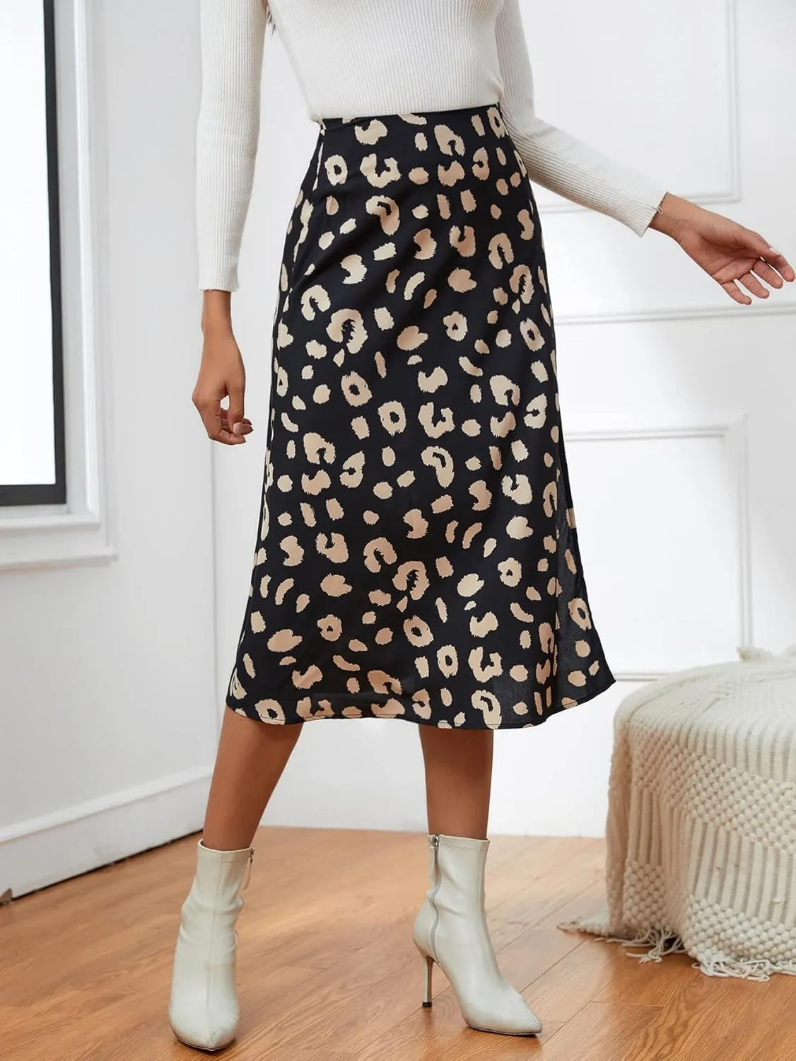 LYANER Women's Casual Boho Printed High Waist Side Split Hem Zipper Midi Skirt