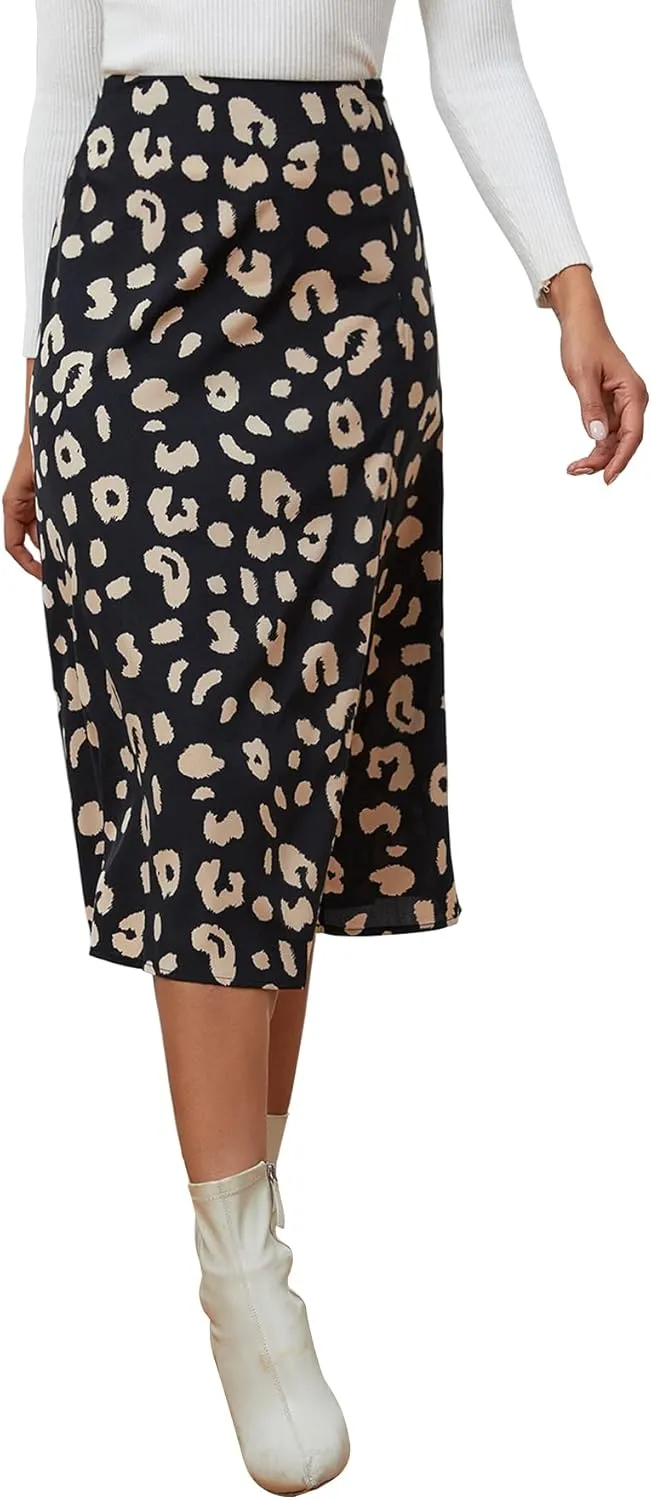 LYANER Women's Casual Boho Printed High Waist Side Split Hem Zipper Midi Skirt