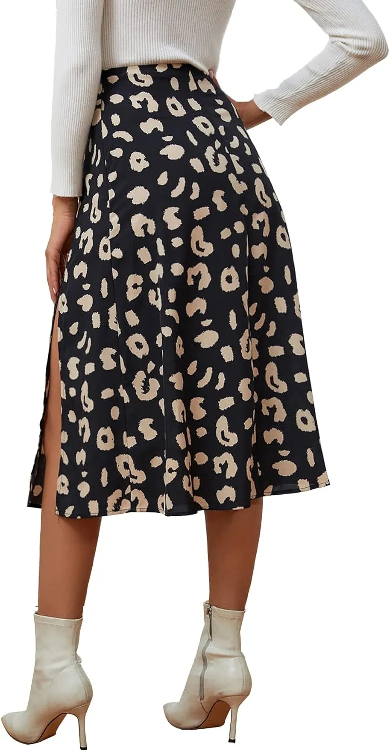 LYANER Women's Casual Boho Printed High Waist Side Split Hem Zipper Midi Skirt